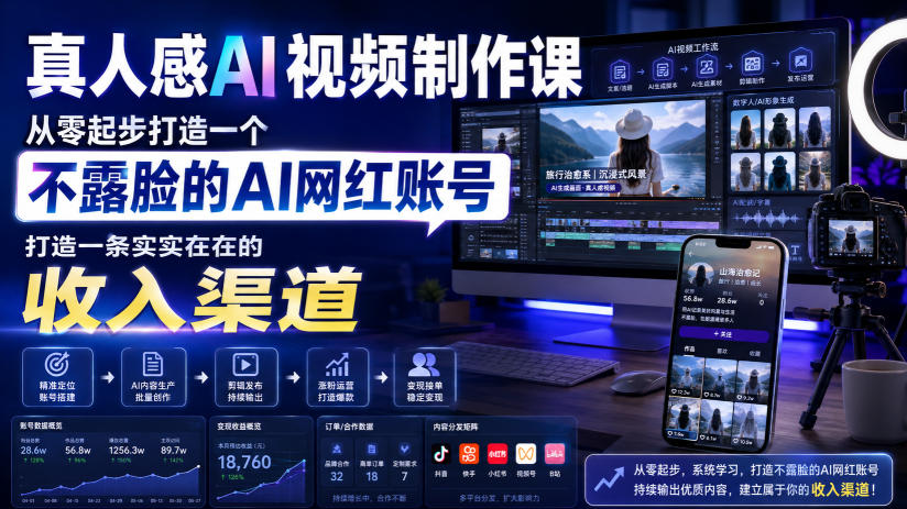 真人感AI视频制作课，从零起步打造一个不露脸的AI网红账号，打造一条实实在在的收入渠道【原创双语字幕】-航海圈