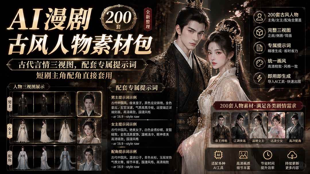 （19693期）AI漫剧古风人物素材包+提示词｜200 套古代言情三视图，配套专属提示词短剧主角配角直接套用-航海圈