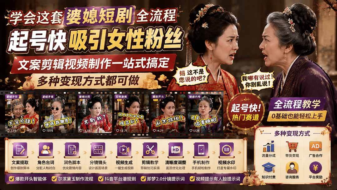 (19704期)学会这套婆媳短剧全流程:起号快吸引女性粉丝,文案剪辑视频制作一站式搞定,多种变现方式都可做-航海圈