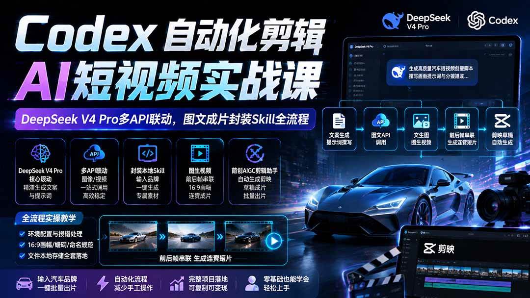 （19711期）Codex自动化剪辑AI短视频实战课｜DeepSeek V4 Pro多API联动，图文成片封装Skill全流程-航海圈