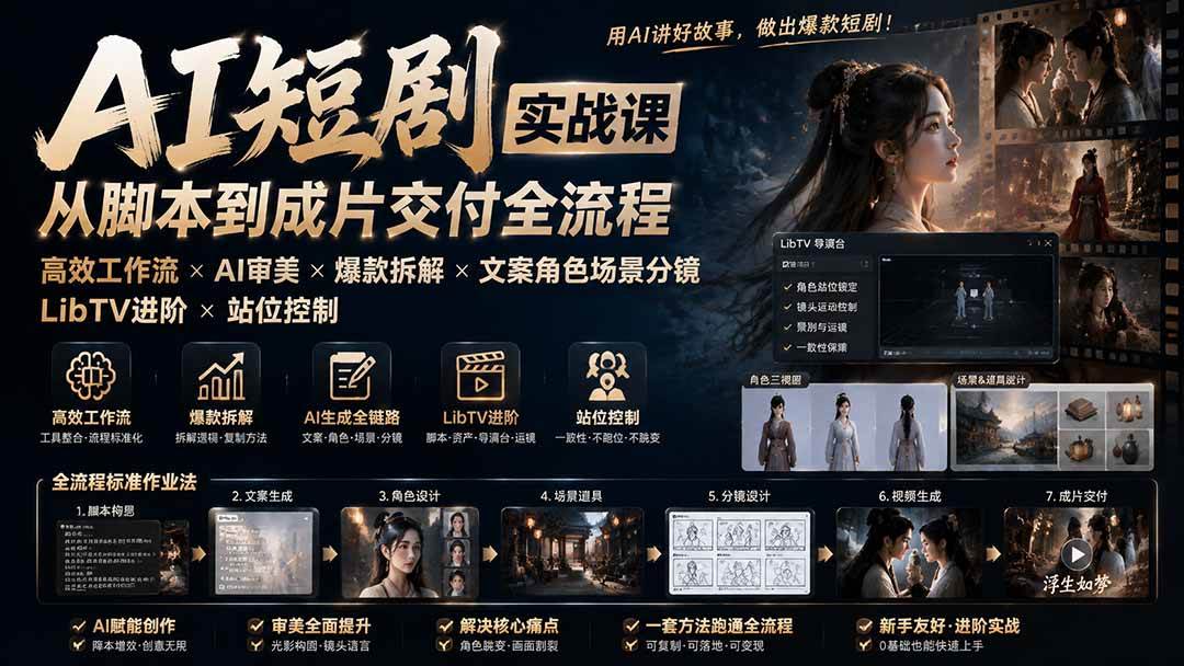 （19717期）AI短剧实战课：高效工作流×AI审美×爆款拆解×文案角色场景分镜×LibTV进阶×站位控制×从脚本到成片交付全流程-航海圈