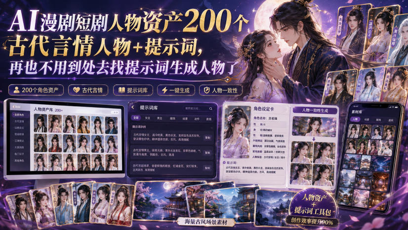 AI漫剧短剧人物资产200个古代言情人物+提示词，再也不用到处去找提示词生成人物了-航海圈