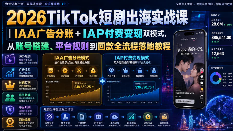 2026TikTok短剧出海实战课｜IAA广告分账+IAP付费变现双模式，从账号搭建、平台规则到回款全流程落地教程-航海圈