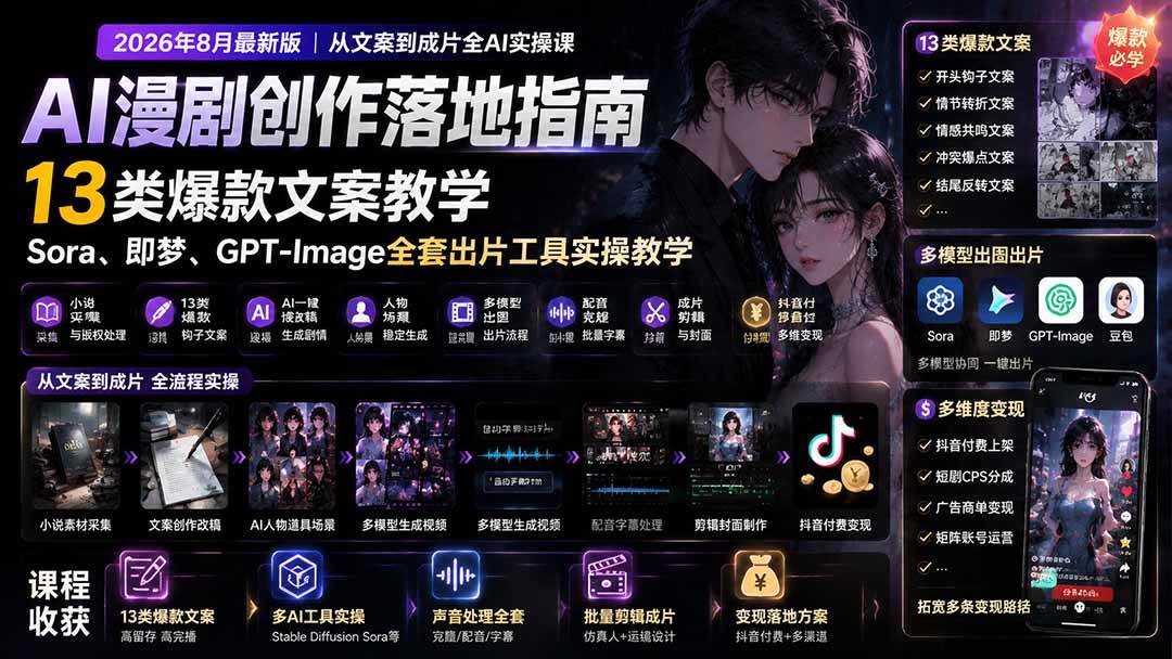（19691期）AI漫剧创作落地指南｜13类爆款文案教学，Sora、即梦、GPT-Image全套出片工具实操教学-航海圈