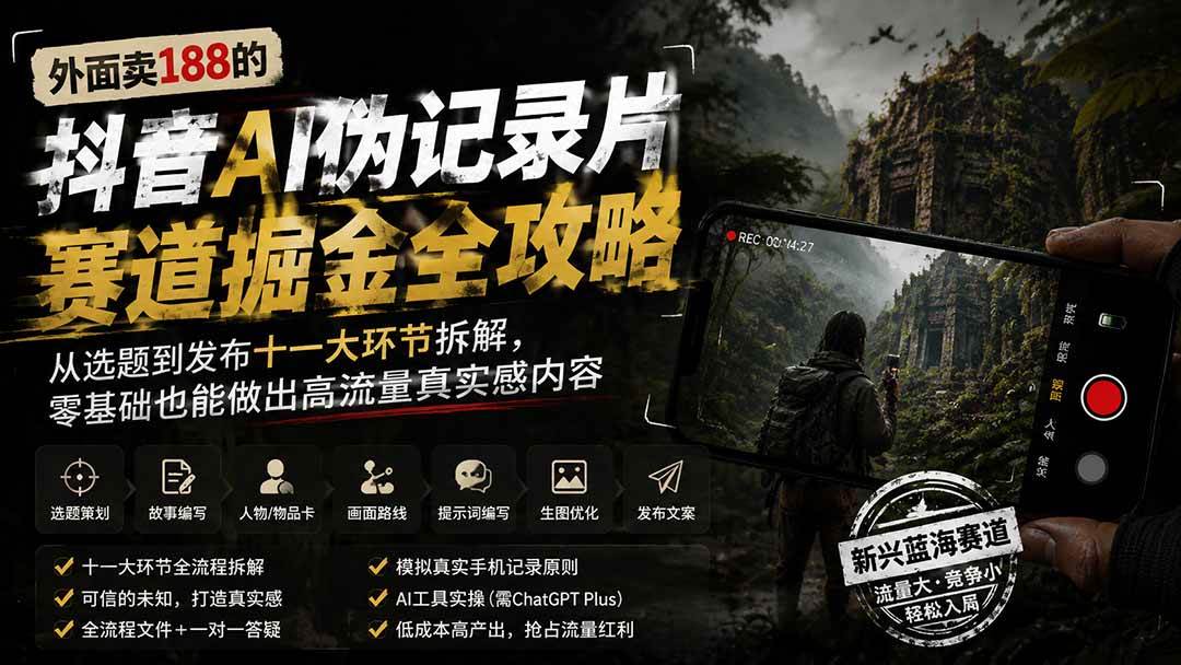 (19743期)外面卖188的抖音AI伪记录片赛道掘金全攻略;从选题到发布十一大环节拆解,零基础也能做出高流量真实感内容-航海圈