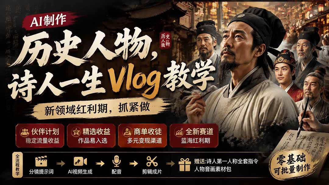 （19758期）历史人物，诗人一生Vlog教学， AI制作丨伙伴计划丨精选收益丨商单收徒 ，新领域红利期，抓紧做-航海圈