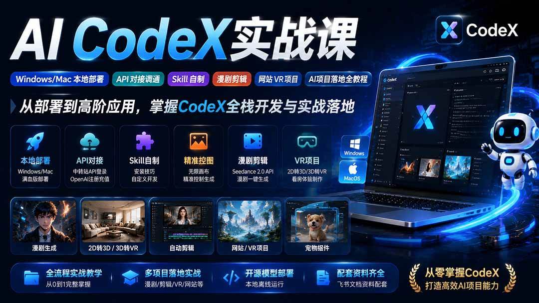 （19769期）AI  CodeX实战课｜Windows/Mac 本地部署｜API 对接调通｜Skill 自制｜漫剧剪辑｜网站 VR 项目｜AI项目落地全教程-航海圈