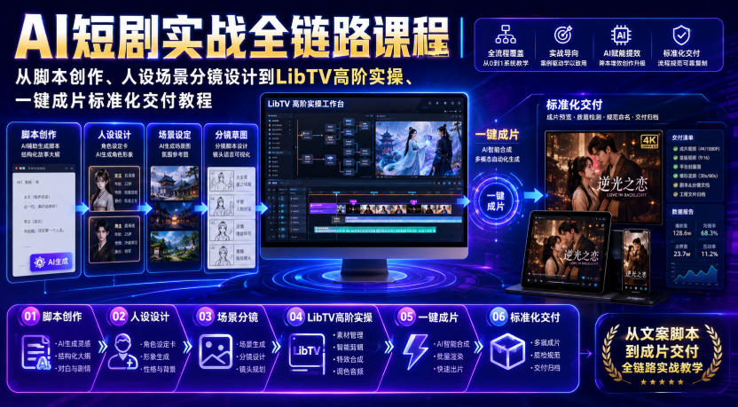 AI短剧实战全链路课程｜从脚本创作、人设场景分镜设计到LibTV高阶实操、一键成片标准化交付教程-航海圈