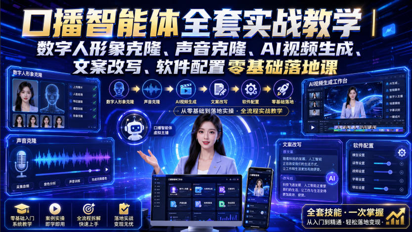 口播智能体全套实战教学｜数字人形象克隆、声音克隆、AI视频生成、文案改写、软件配置零基础落地课-航海圈