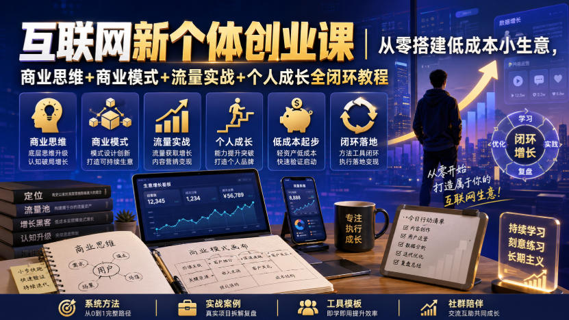 互联网新个体创业课｜从零搭建低成本小生意，商业思维+商业模式+流量实战+个人成长全闭环教程-航海圈