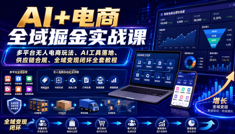 AI+电商全域掘金实战课｜多平台无人电商玩法、AI工具落地、供应链合规、全域变现闭环全套教程-航海圈