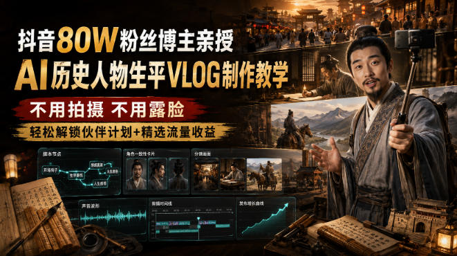 抖音80W粉丝博主的AI历史人物生平VLOG教学，不用拍摄不用露脸，AI帮你搞定，轻松解锁伙伴计划+精选收益-航海圈