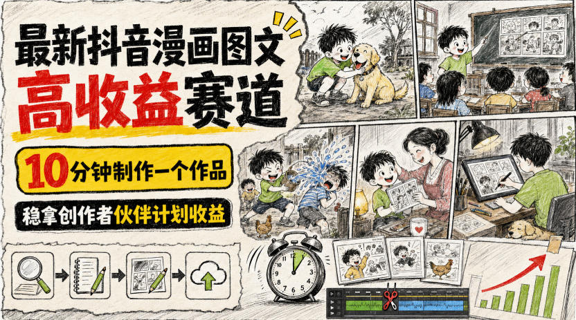 最新抖音漫画图文高收益赛道，10分钟制作一个作品，稳拿创作者伙伴计划收益-航海圈