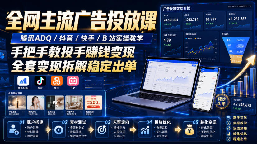 全网主流广告投放课，腾讯ADQ / 抖音 / 快手 / B 站实操教学，手把手教投手赚钱变现，全套变现拆解稳定出单-航海圈