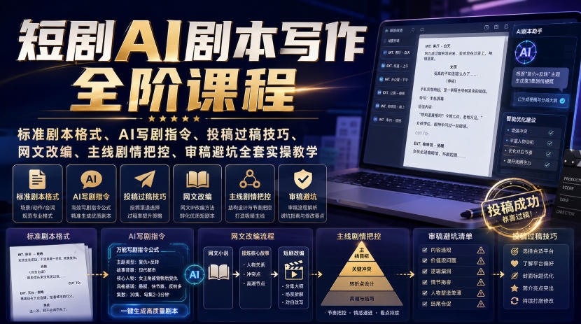 短剧AI剧本写作全阶课程｜标准剧本格式、AI写剧指令、投稿过稿技巧、网文改编、主线剧情把控、审稿避坑全套实操教学-航海圈