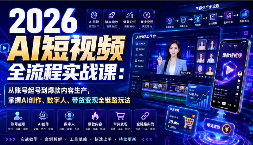 2026 AI短视频全流程实战课：从账号起号到爆款内容生产，掌握AI创作、数字人、带货变现全链路玩法-航海圈