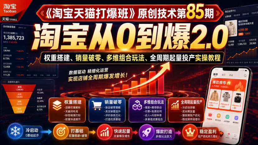 《淘宝天猫打爆班》原创技术第85期，淘宝从0到爆2.0，权重搭建、销量破零、多维组合玩法、全周期起量投产实操教程-航海圈