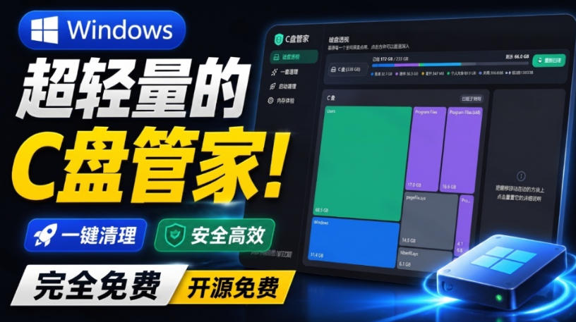 Windows超轻量的C盘管家！超级有特点，支持磁盘分析及清理提醒，2M大小体积，完全免费C盘管家-航海圈