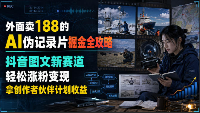 外面卖188的AI伪记录片掘金全攻略，抖音图文新赛道，轻松涨粉变现，拿创作者伙伴计划收益【文档】-航海圈