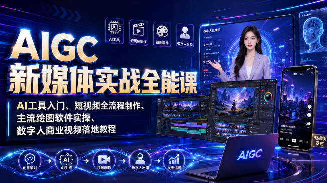 AIGC新媒体实战全能课｜AI工具入门、短视频全流程制作、主流绘图软件实操、数字人商业视频落地教程-航海圈