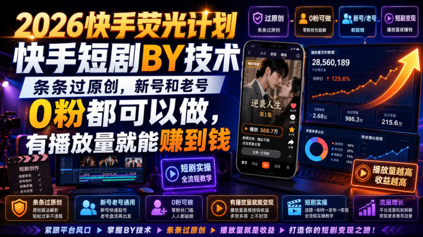 2026快手荧光计划，快手短剧搬运技术，条条过原创，新号和老号0粉都可以做，有播放量就能賺到钱-航海圈
