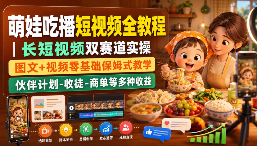 萌娃吃播短视频全教程｜长短视频双赛道实操，图文+视频零基础保姆式教学，伙伴计划-收徒-商单等多种变现方式-航海圈