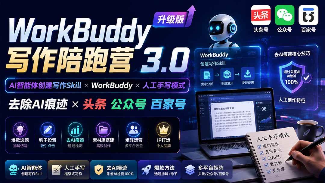 （19720期）WorkBuddy写作陪跑营3.0-更新：Ai智能体创建写作Skill×WorkBuddy×人工手写模式×去除AI痕迹×头条公众号百家号-航海圈