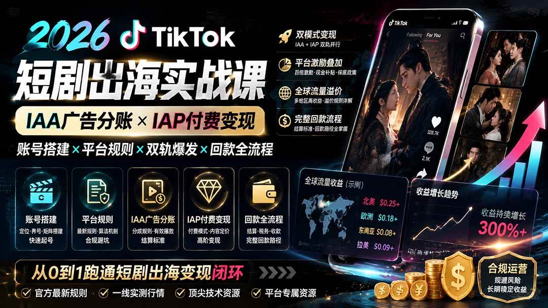 （19740期）2026TikTok短剧出海实战课：IAA广告分账×IAP付费变现×账号搭建×平台规则×双轨爆发×回款全流程-航海圈