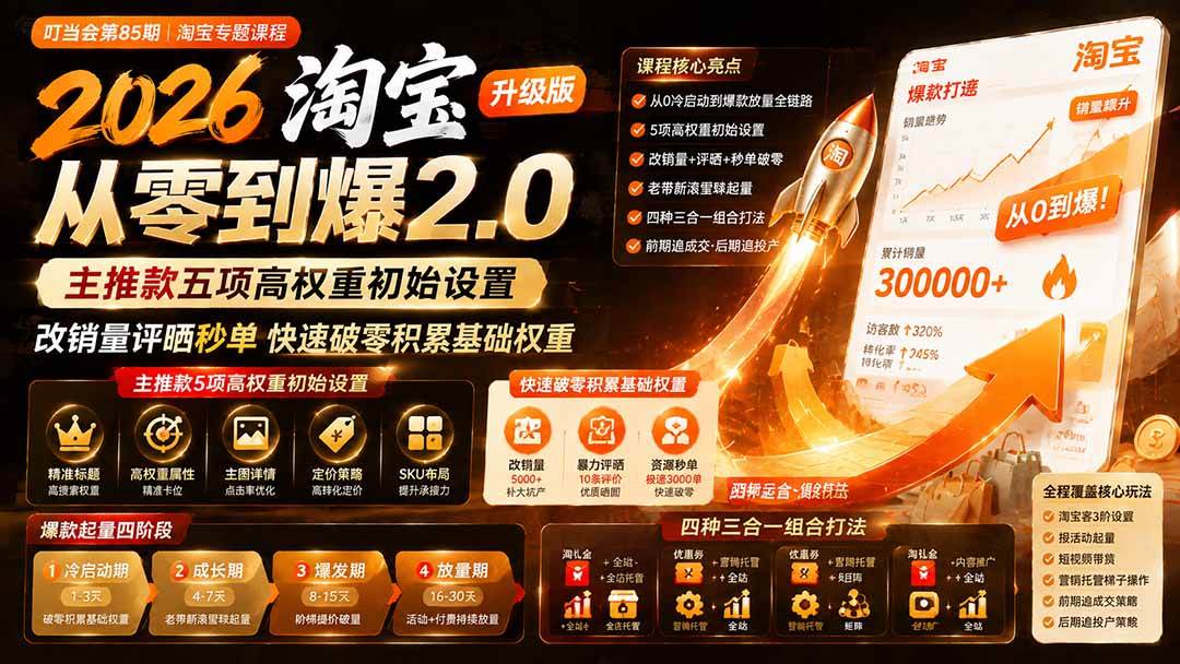 （19742期）2026淘宝从零到爆2.0第85期；主推款五项高权重初始设置，改销量评晒秒单快速破零积累基础权重-航海圈