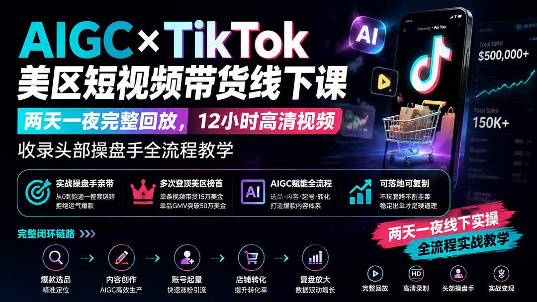 （19778期）AIGC×TikTok美区短视频带货线下课；两天一夜完整回放，12小时高清视频收录头部操盘手全流程教学-航海圈