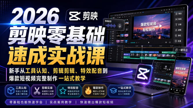 2026剪映零基础速成实战课｜新手从工具认知、剪辑剪辑、特效配音到爆款短视频完整制作一站式教学-航海圈