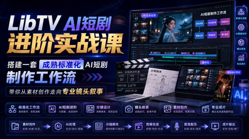 LibTV AI短剧进阶实战课，搭建一套成熟标准化AI短剧制作工作流，带你从素材创作走向专业镜头叙事-航海圈