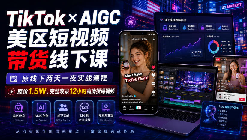 TikTok×AIGC美区短视频带货线下课，原线下两天一夜实战课程，原价1.5W，完整收录12小时高清授课视频-航海圈