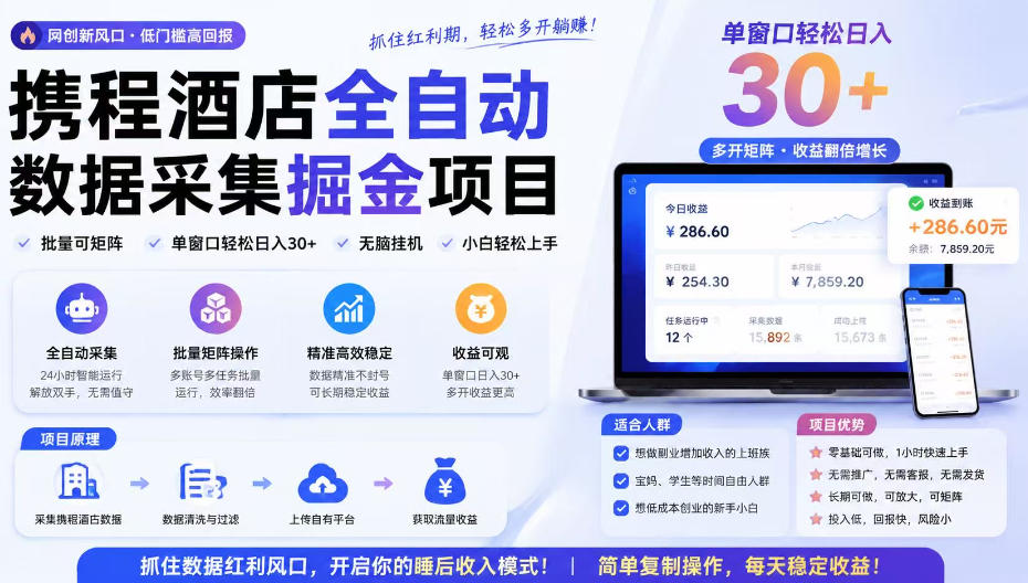 携程酒店采集挂G项目，批量可矩阵，单机轻松日入300+，开启你的睡后收入模式!【揭秘】-航海圈
