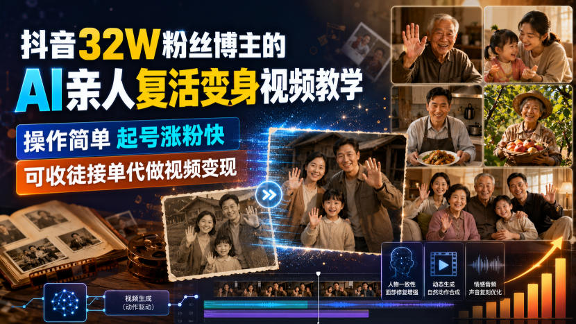 抖音32W粉丝博主的AI亲人复活变身视频教学，操作简单，起号涨粉快，可收徒接单代做视频变现-航海圈