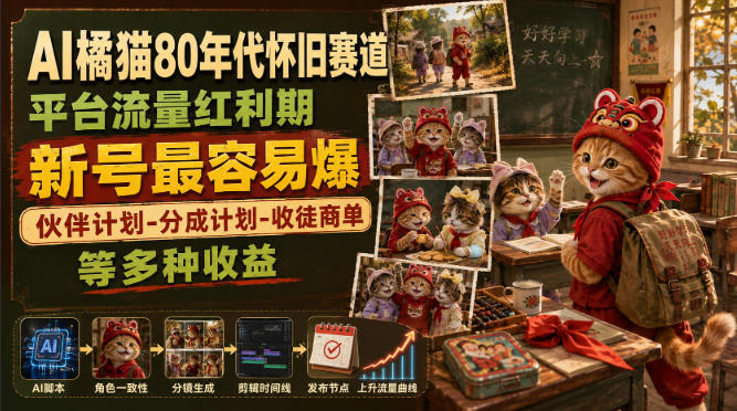 AI橘猫80年代怀旧赛道，平台流量红利期，新号最容易爆，伙伴计划-分成计划-收徒商单等多种收益-航海圈