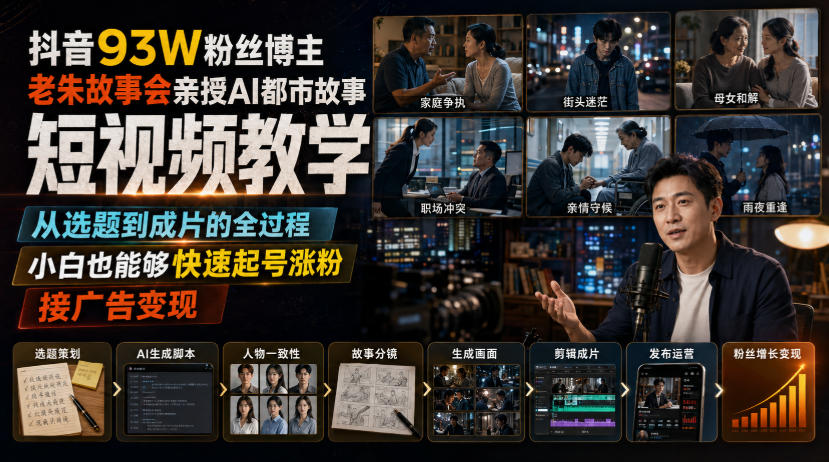 抖音93W粉丝博主老朱故事会亲授AI都市故事短视频教学，从选题到成片的全过程，小白也能够快速起号涨粉接广告变现-航海圈