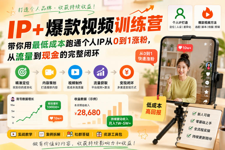 IP+爆款视频训练营，带你用最低成本跑通个人IP从0到1涨粉，从流量到现金的完整闭环-航海圈